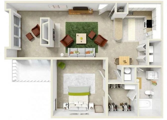 Floor plan for 1 bed, 1 bath, 842 sqft